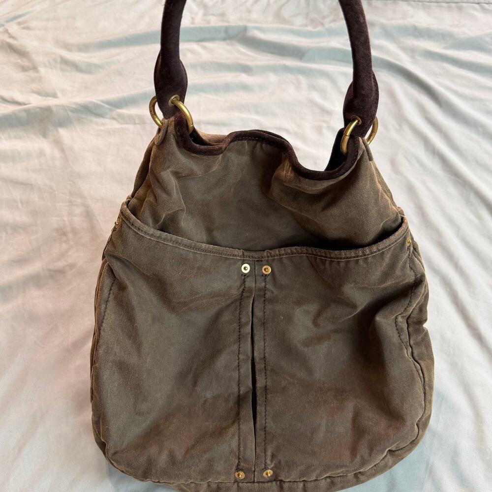 Zara Brown Canvas Leather Trim Hobo Shoulder Bag Women's Large - Picture 7 of 13